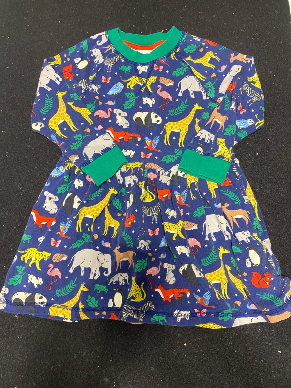 Mini Boden Navy Dress with Multicolor Safari Print and Green Trim